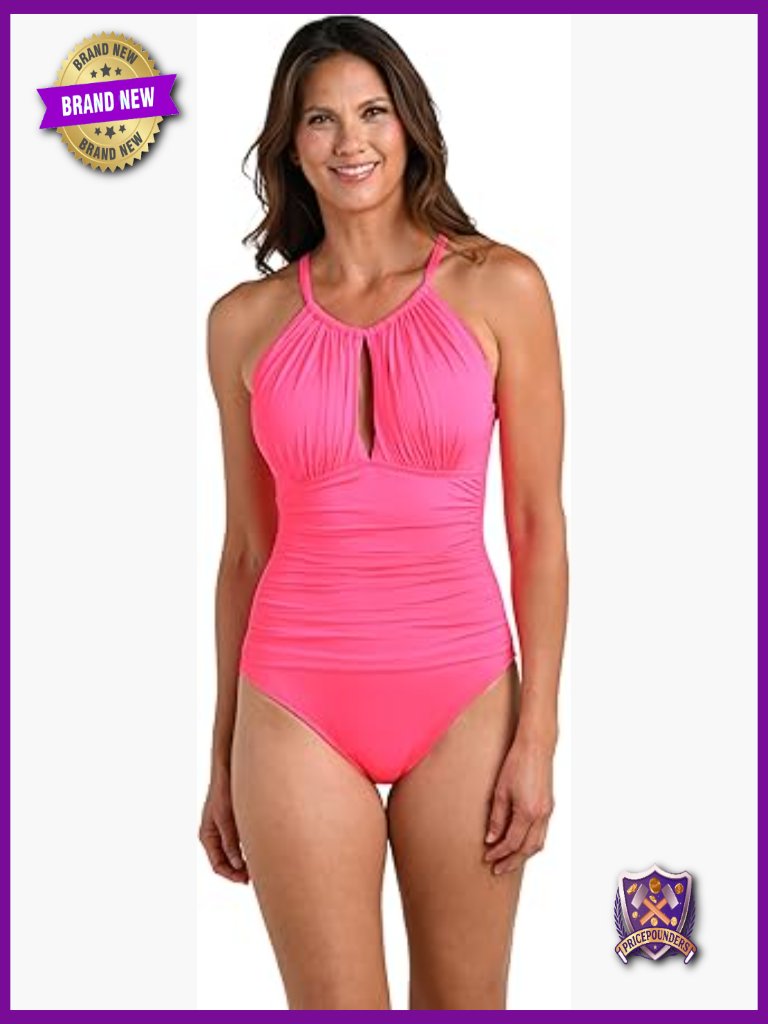 High Neck Keyhole One Piece Swimsuit Tummy Control Nylon Blend